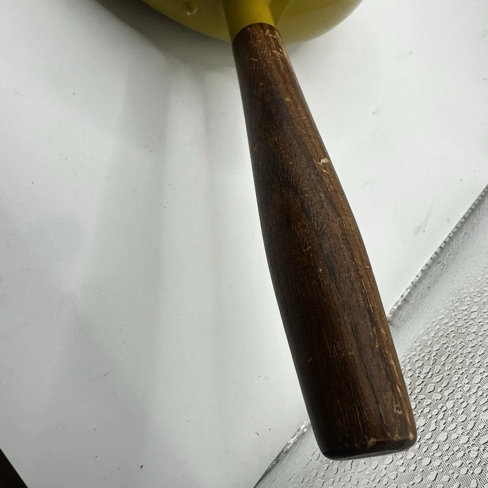 Vintage Enameled Metal Walnut Wood Handle Yellow Green Fondue Pot MCM